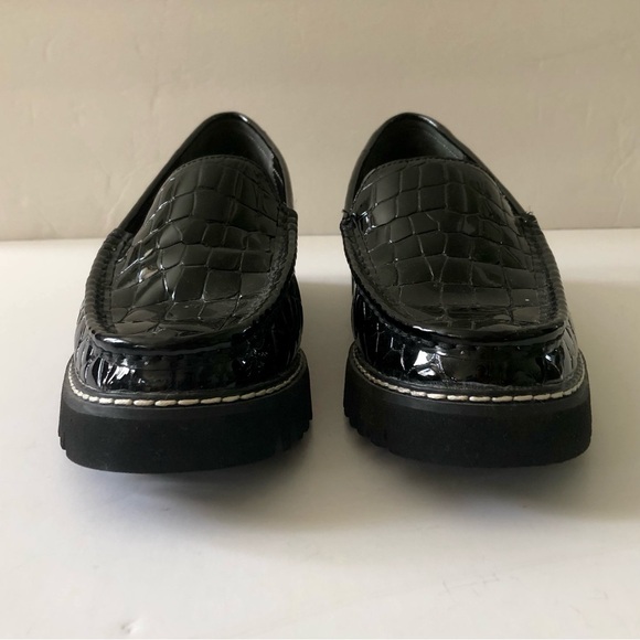 Donald Pliner Hope Loafers Black Patent Leather Croc Embossed Platform Size 8 - Picture 2 of 10
